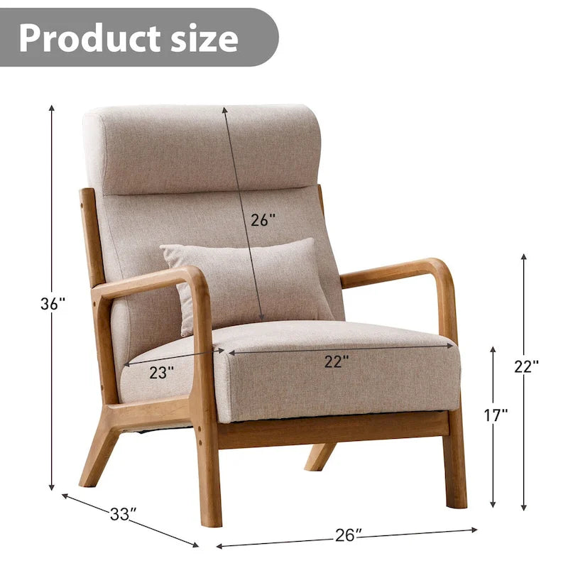 Fauteuil d'appoint 26" en mélange de lin avec pieds en bois et coussin lombaire | 3 couleurs
