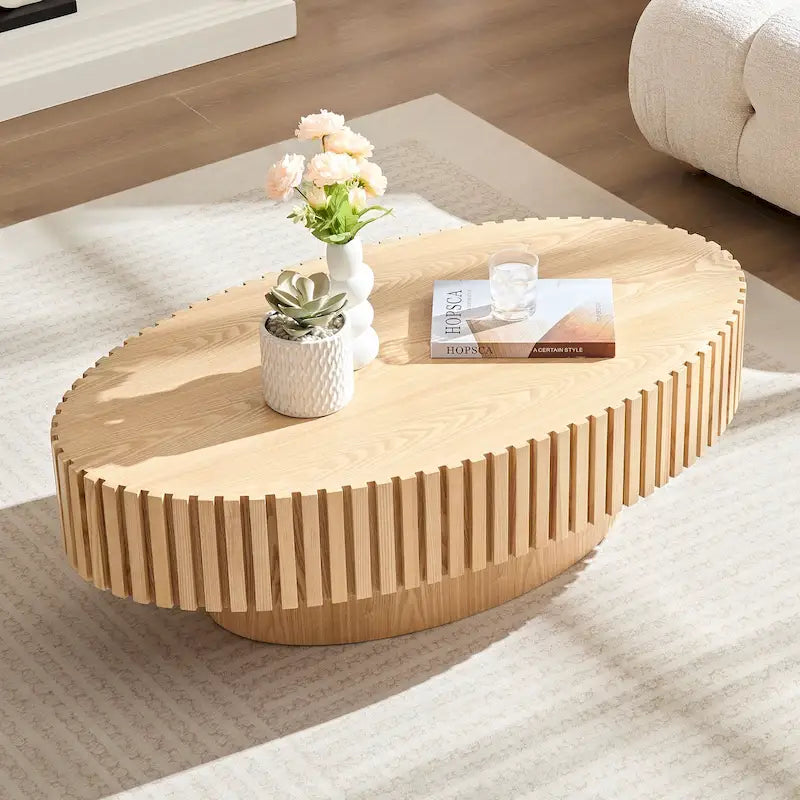 Table Basse Tambour Piédestal Moderne avec Surface en Relief Bois | 3 Finitions
