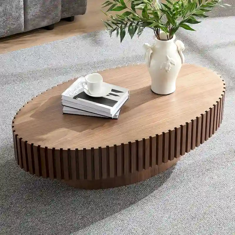 Table Basse Tambour Piédestal Moderne avec Surface en Relief Bois | 3 Finitions