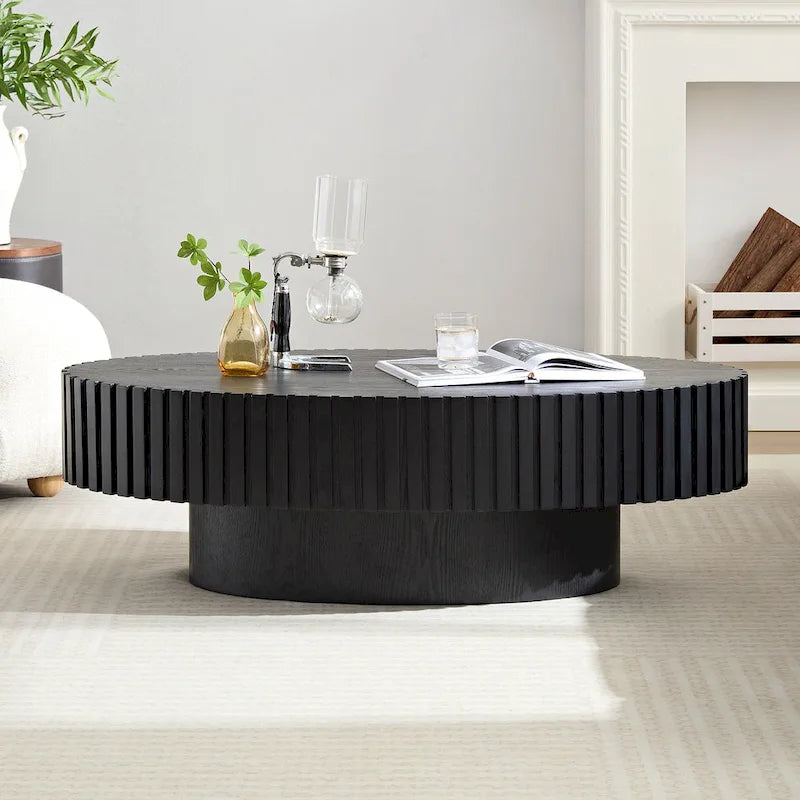 Table Basse Tambour Piédestal Moderne avec Surface en Relief Bois | 3 Finitions