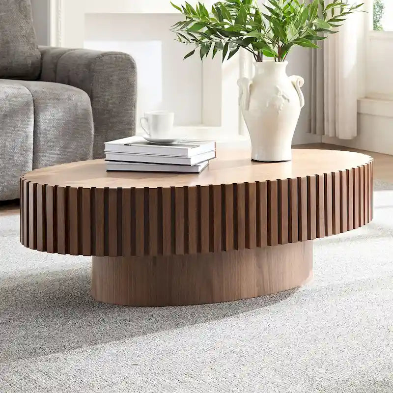 Table Basse Tambour Piédestal Moderne avec Surface en Relief Bois | 3 Finitions