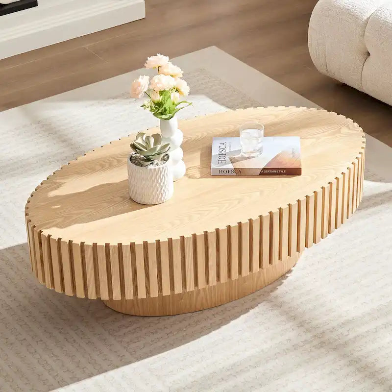 Table Basse Tambour Piédestal Moderne avec Surface en Relief Bois | 3 Finitions