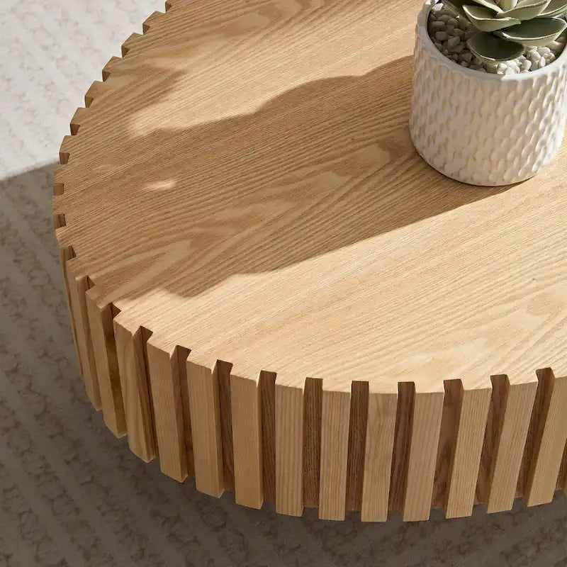 Table Basse Tambour Piédestal Moderne avec Surface en Relief Bois | 3 Finitions