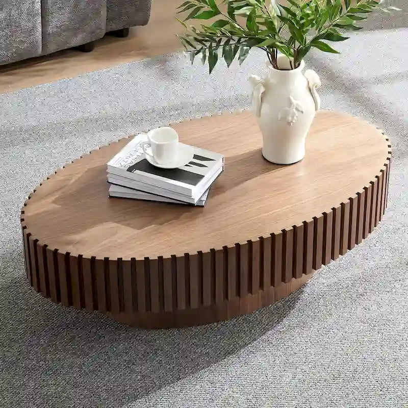 Table Basse Tambour Piédestal Moderne avec Surface en Relief Bois | 3 Finitions