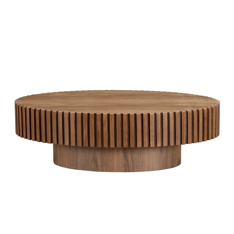 Table Basse Tambour Piédestal Moderne avec Surface en Relief Bois | 3 Finitions
