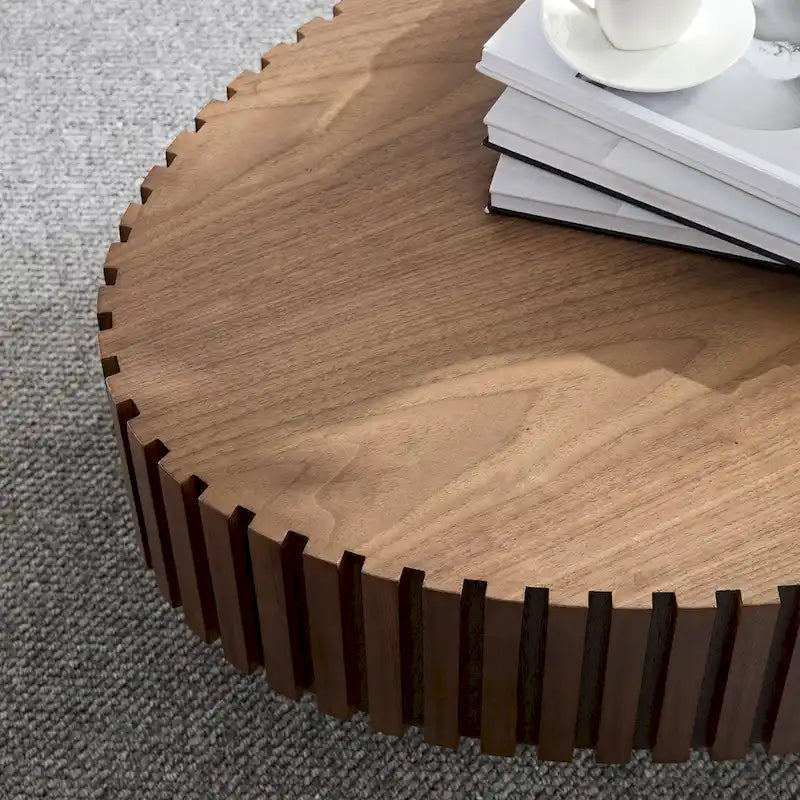 Table Basse Tambour Piédestal Moderne avec Surface en Relief Bois | 3 Finitions