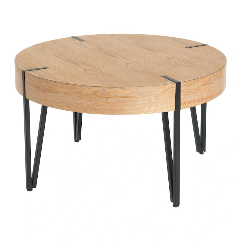 Table basse ronde en bois et métal avec plateau naturel et pieds noirs