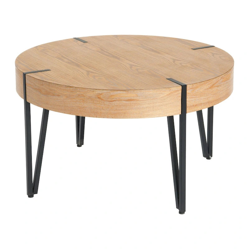 Table basse ronde en bois et métal avec plateau naturel et pieds noirs