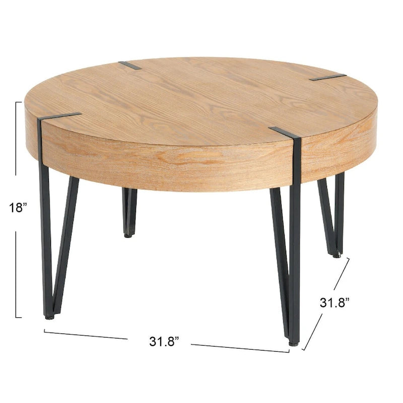 Table basse ronde en bois et métal avec plateau naturel et pieds noirs
