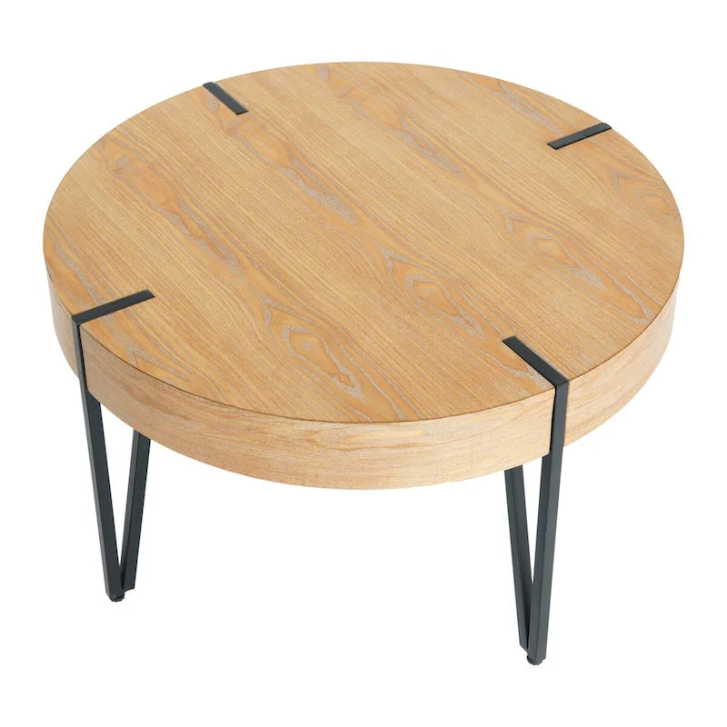 Table basse ronde en bois et métal avec plateau naturel et pieds noirs