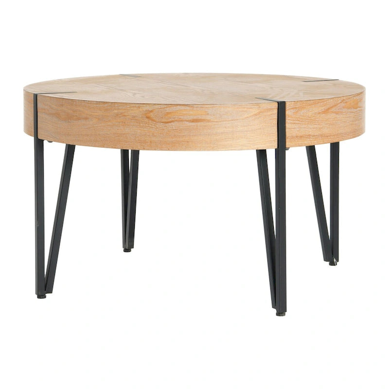 Table basse ronde en bois et métal avec plateau naturel et pieds noirs