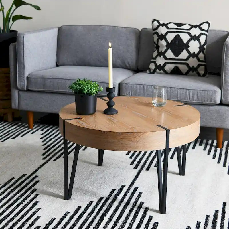 Table basse ronde en bois et métal avec plateau naturel et pieds noirs