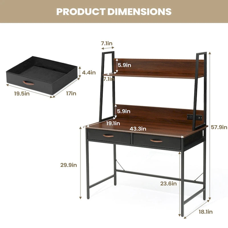 Bureau d'ordinateur avec étagère, prise de courant et ports USB