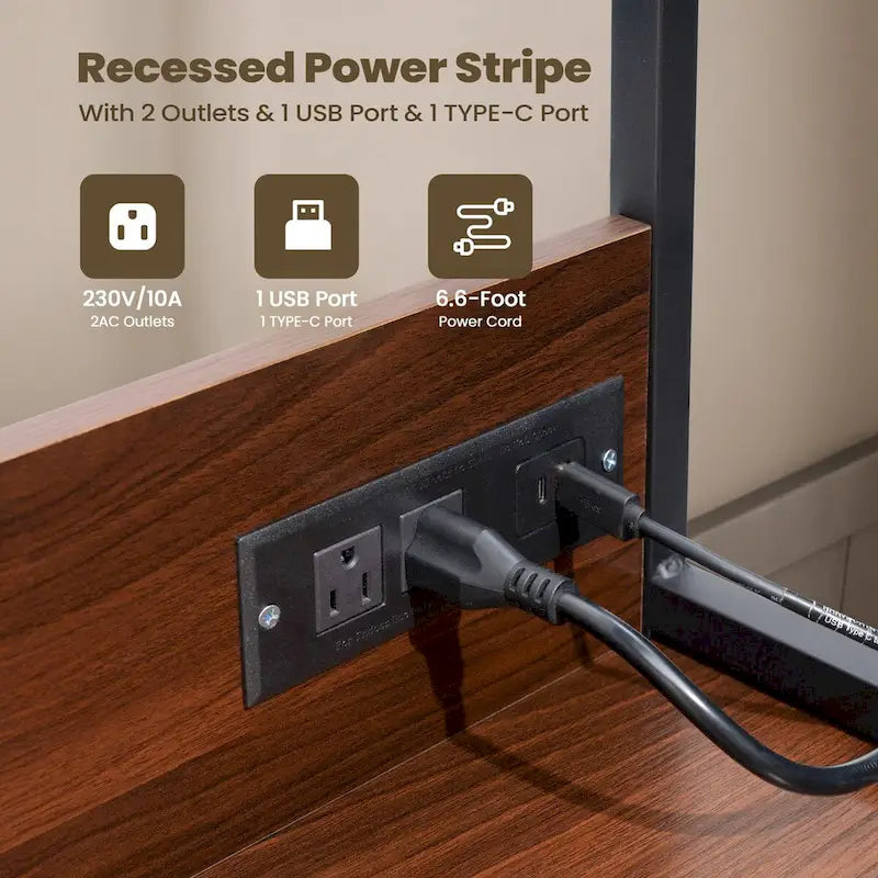 Bureau d'ordinateur avec étagère, prise de courant et ports USB