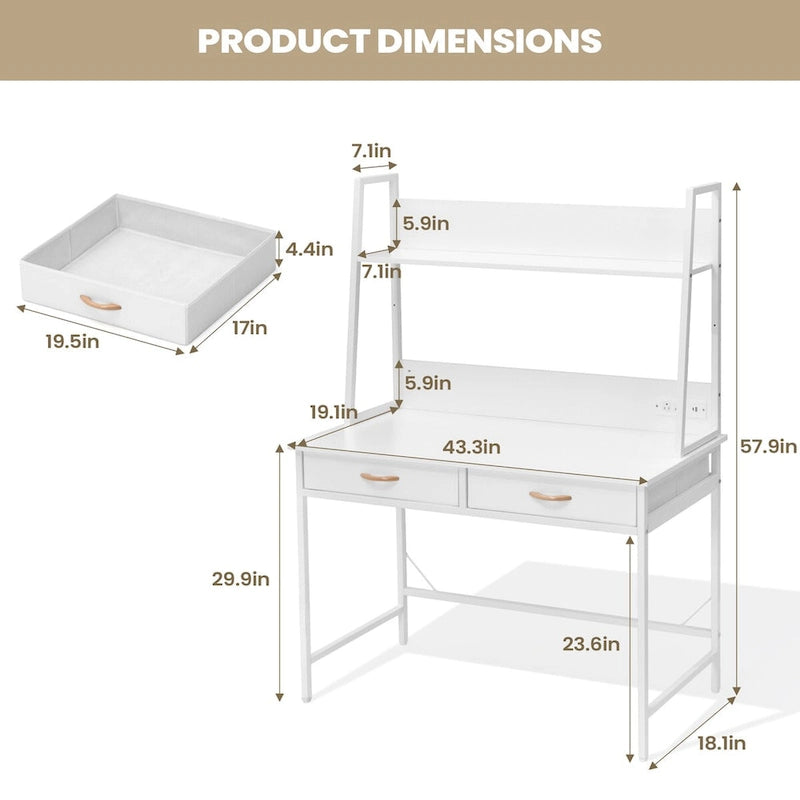 Bureau d'ordinateur avec étagère, prise de courant et ports USB