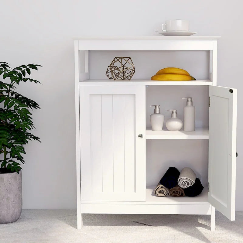 Meuble de salle de bain autoportant avec portes coulissantes et étagères réglables