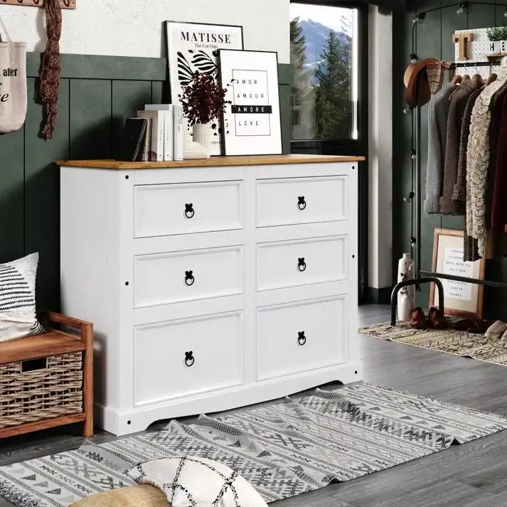 Commode en pin massif à 6 tiroirs | Disposition 3+3 tiroirs