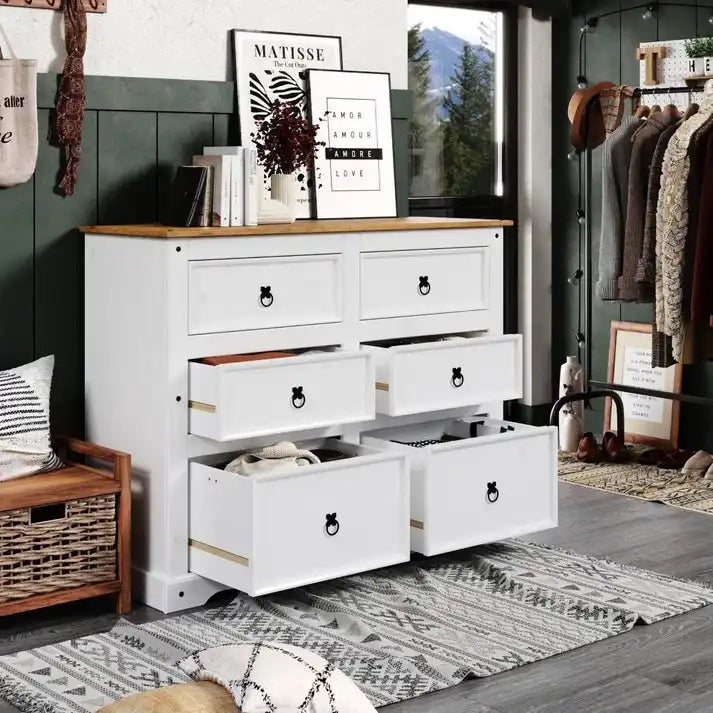 Commode en pin massif à 6 tiroirs | Disposition 3+3 tiroirs