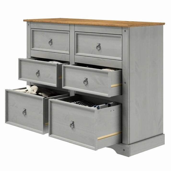 Commode en pin massif à 6 tiroirs | Disposition 3+3 tiroirs