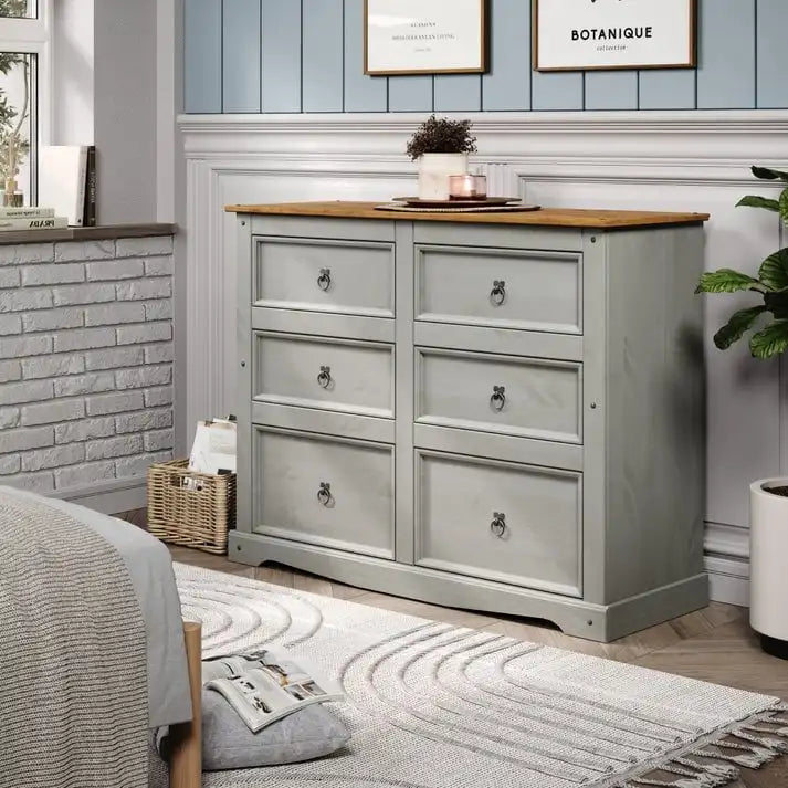 Commode en pin massif à 6 tiroirs | Disposition 3+3 tiroirs