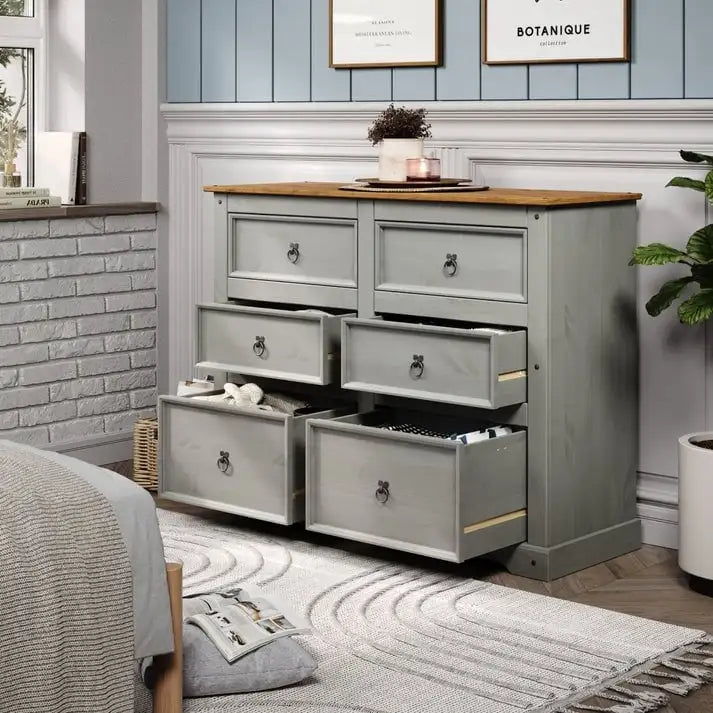 Commode en pin massif à 6 tiroirs | Disposition 3+3 tiroirs