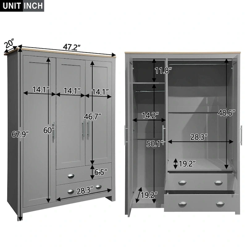 Armoire 3 portes avec tringles et 2 tiroirs